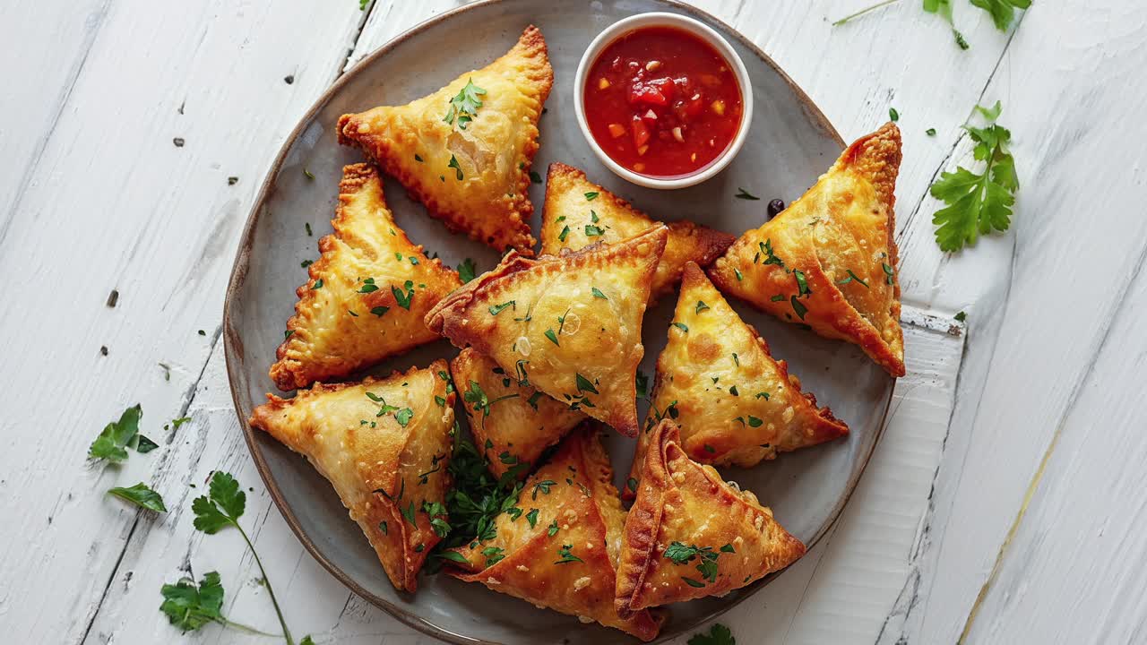 cerca de un plato de samosas, con un cuenco de salsa