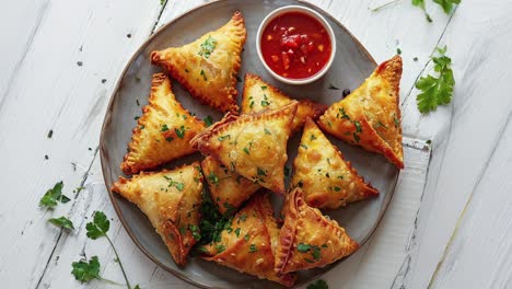 close up of a plate of samosas, with a bowl of sauce