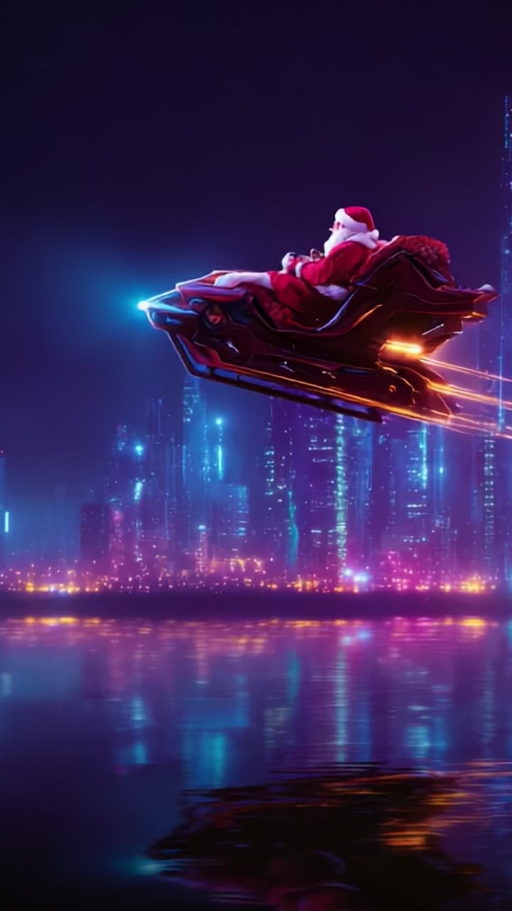 A futuristic reimagining of the classic holiday figure, Santa Claus, rides a high-tech sleigh through a vibrant cyberpunk cityscape, melding tradition with advanced technology in a stunning visual narrative