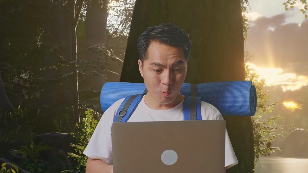 ผู้ชายกำลังทำงานบนแล็ปท็อปกลางแจ้งในป่า