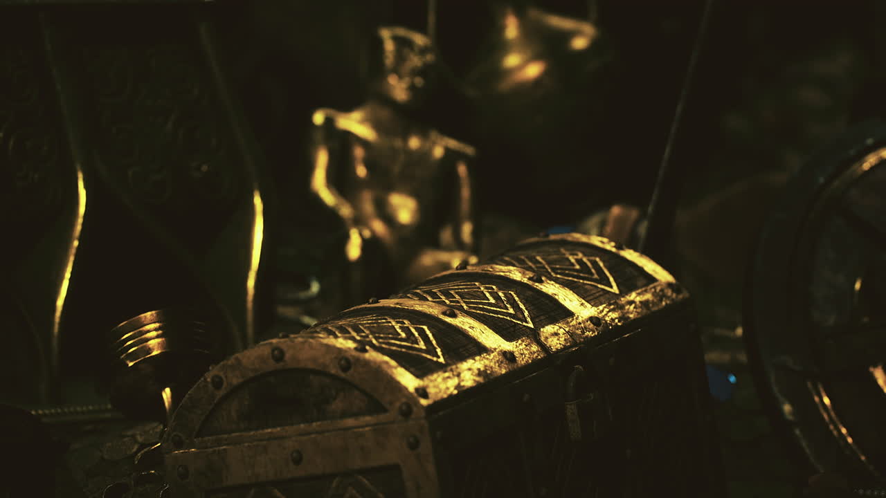 Treasure chest surrounded by ancient artifacts in a dark cavern setting