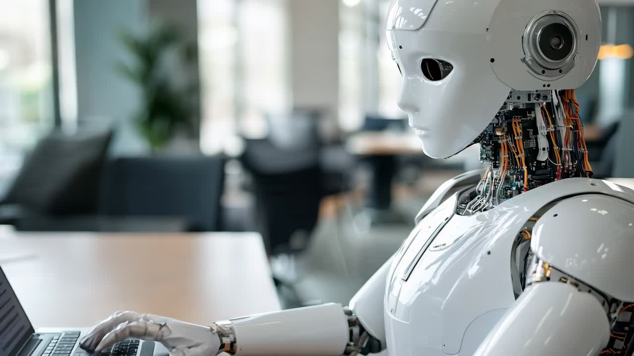 un robot sentado en una mesa usando una computadora portátil