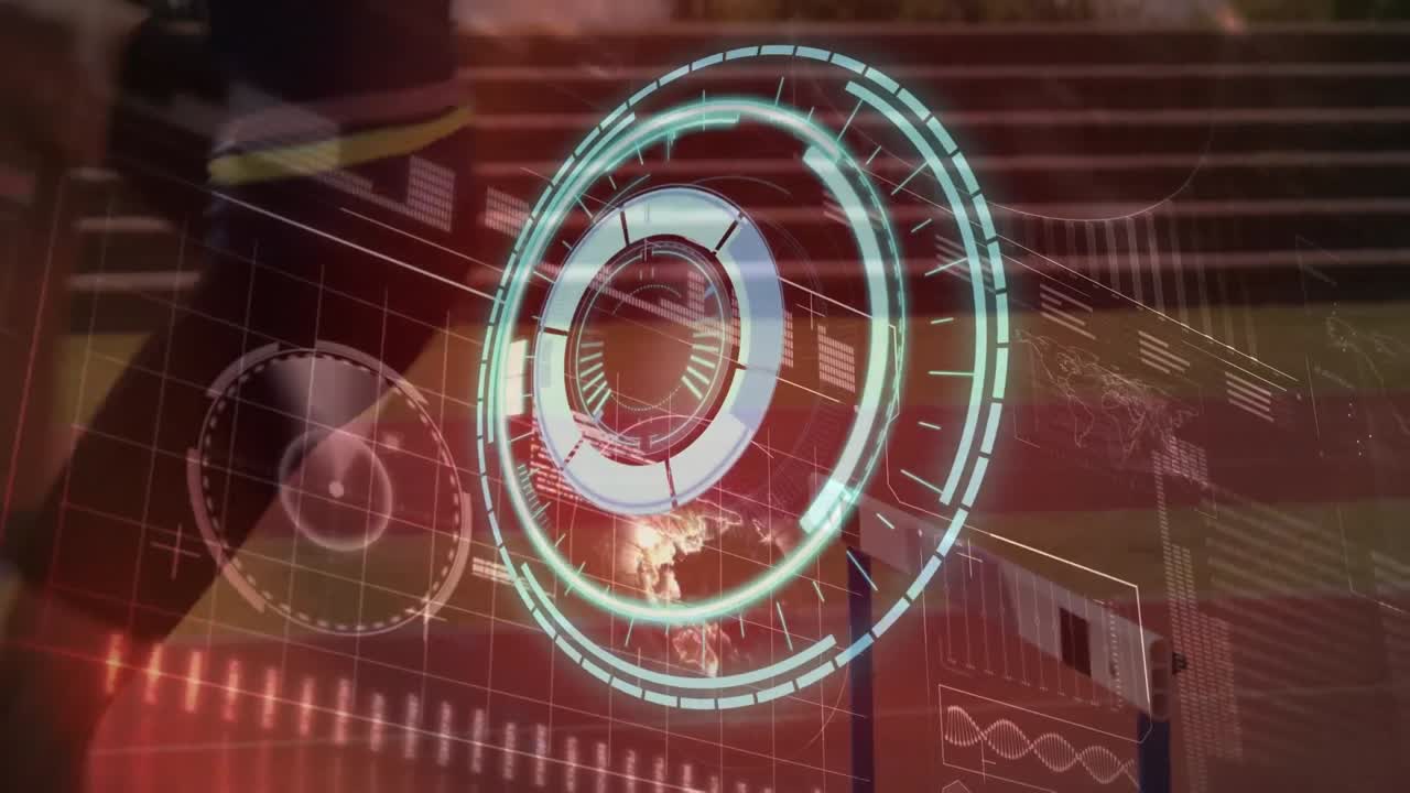 animación del círculo de procesamiento y datos sobre las piernas de una mujer caucásica corriendo en el estadio