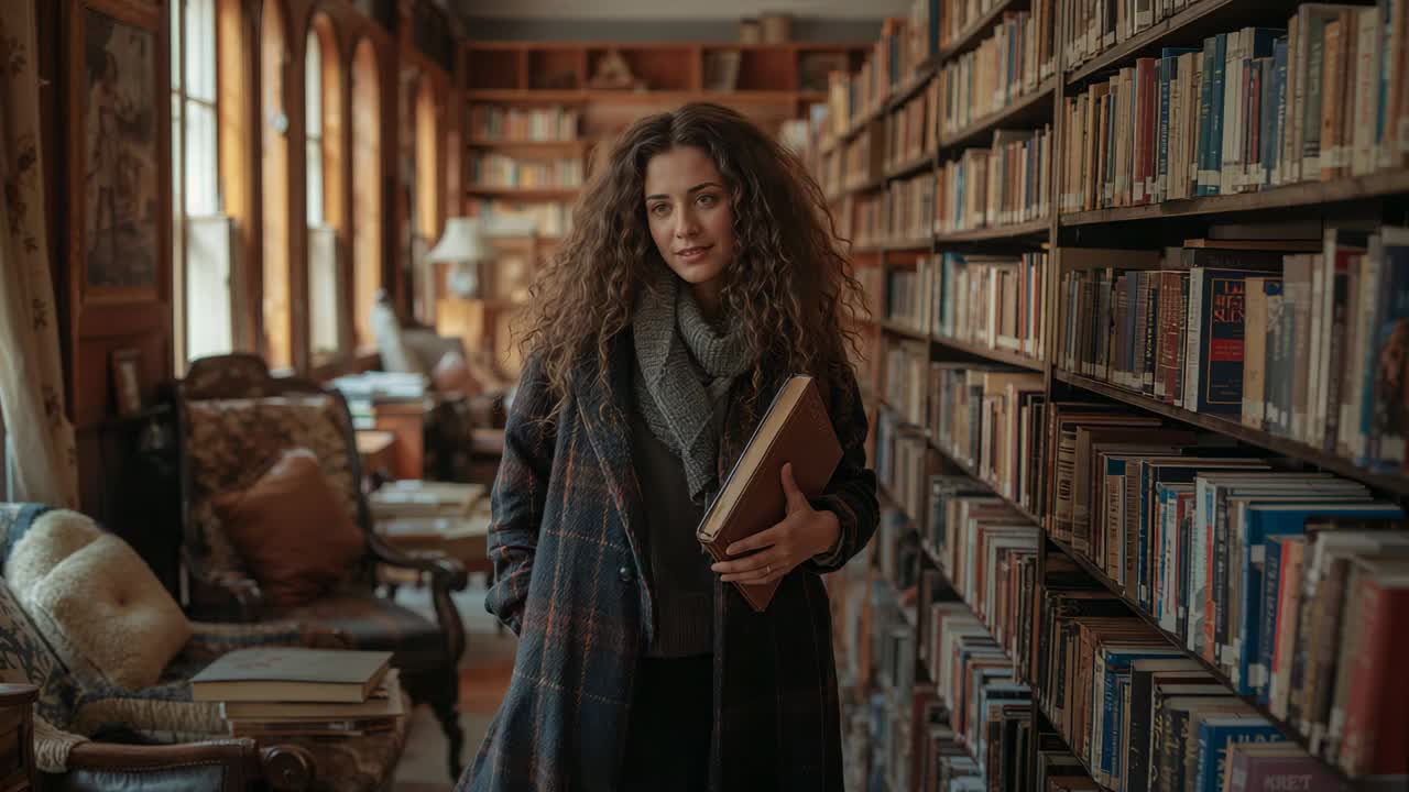Holding hardbound book, woman in coat walking down aisle by tall bookshelves to reach reading nook