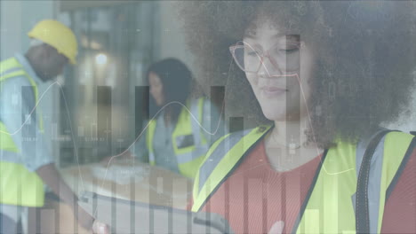 animation of data processing over diverse engineers in hi vis vests