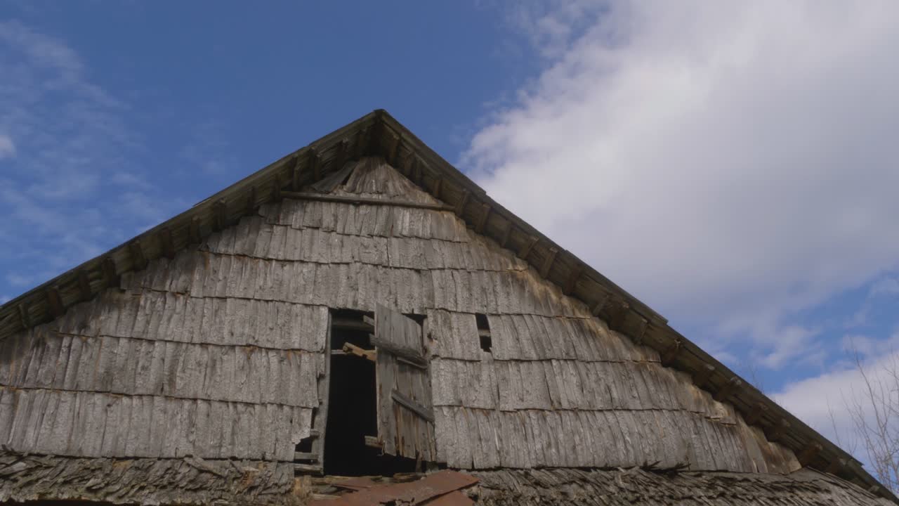 Wood Chip Covered Roof Of An Old Farm Building