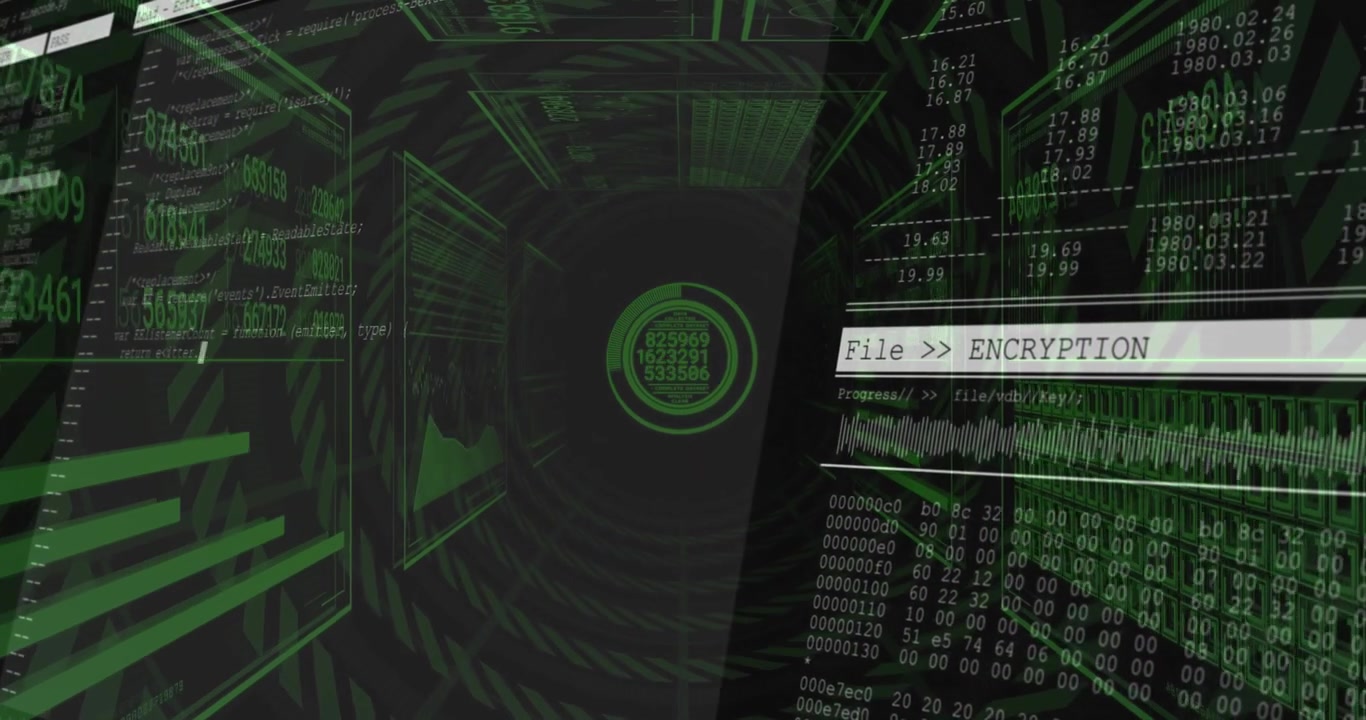 Converging wireframe tunnel starting green digits and code scrolling around node during encryption