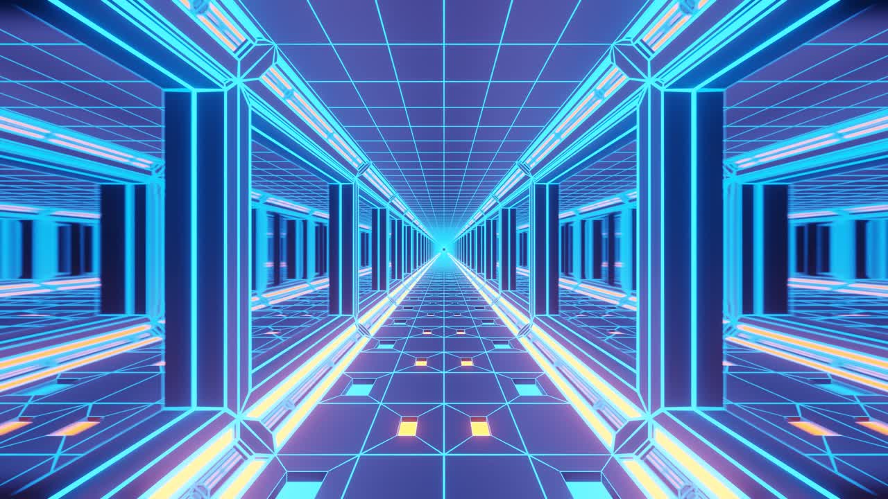 모션 그래픽 공상과학:직선 네온 노란색 선이 있는 미래 지향적인 길고 좁은 밝은 터널, 청록색 조명 및 반사 벽이 있는 장식용 카펫 바닥