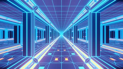 Motion-graphics-sci-fi:-futuristic-long-narrow-bright-tunnel-with-straight-neon-yellow-lines,-decorative-carpet-floor-with-teal-lights-and-reflective-walls