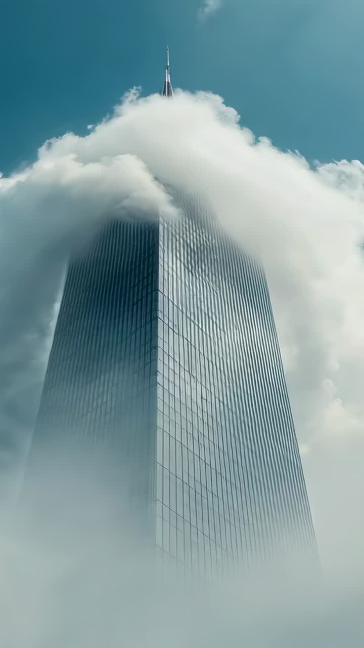 Vertical video: Rising camera showing glass tower and spire through fog at plaza, clouds passing