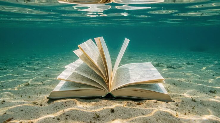 Un'esplorazione sottomarina della conoscenza: un libro aperto sotto acque cristalline, che cattura l'essenza dell'apprendimento nell'abbraccio della natura.