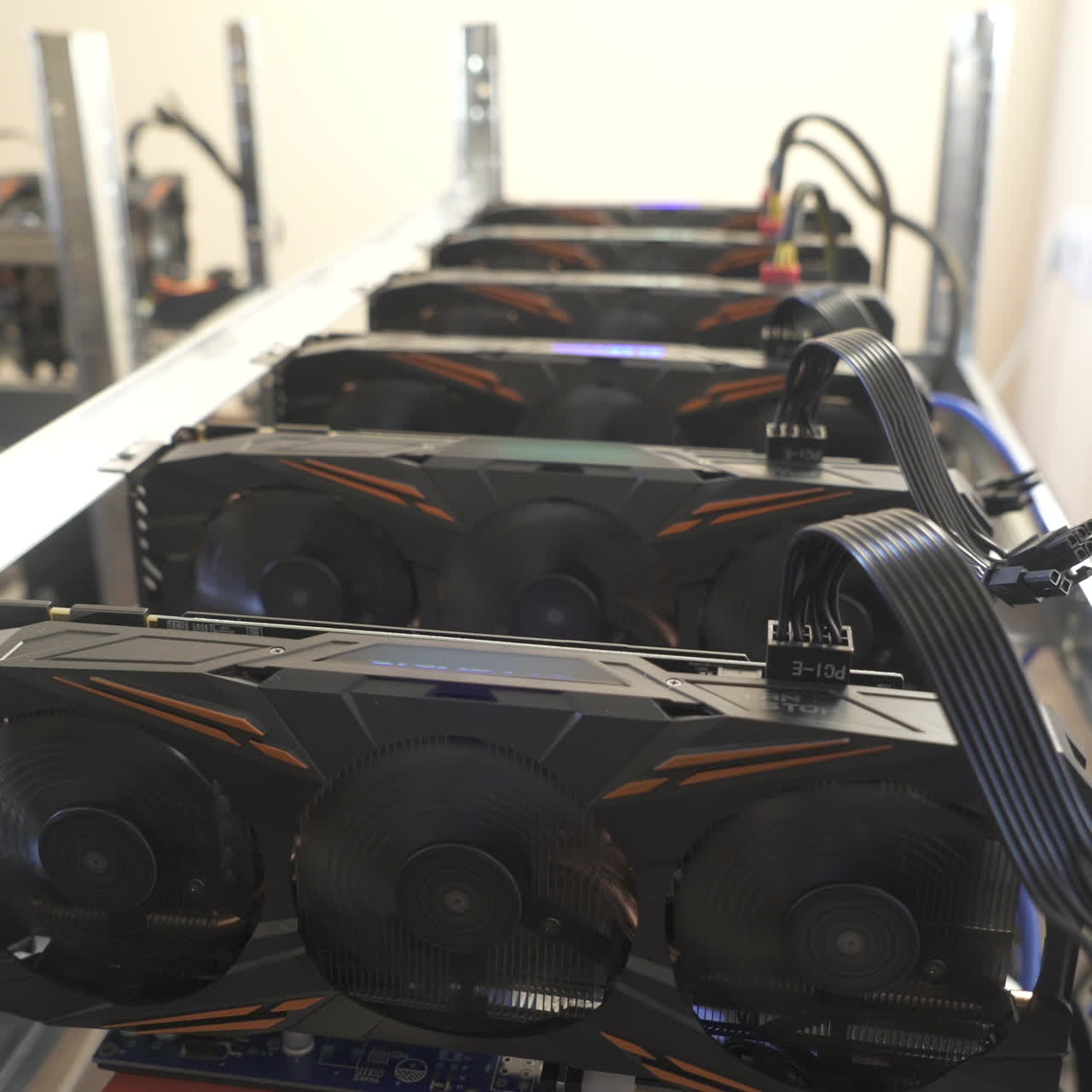 Mining of cryptocurrencies. Farm from video cards. Bitcoin.