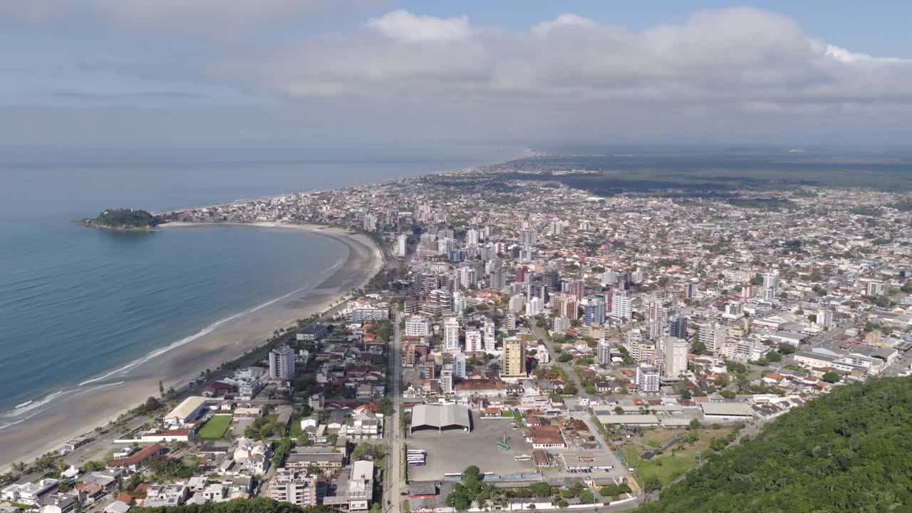 Aerial view of Guaratuba city with coastline and skyline in Paraná, Brazil
