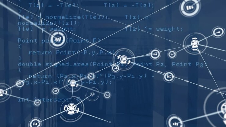 Animation of network of connections with icons over computer servers