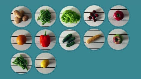 different kind of vegetables and fruits appearing on the blue background