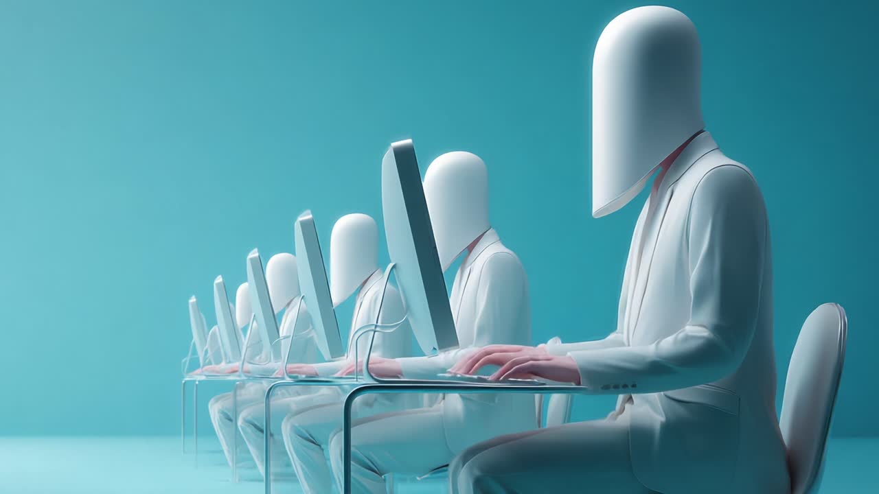 Futuristic Scene of Anonymous Human-Like Figures Working on Computers in a Minimalist Environment, Highlighting Themes of Technology, Isolation, and Modern Workplace Culture