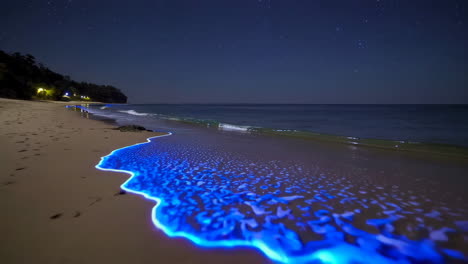 bioluminescent waves on a starry night beach
