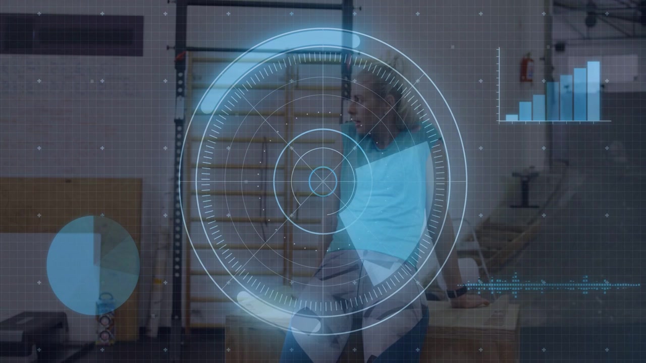 Woman athlete securing towel in gym, motion starting spinning HUD over torso, showing chart