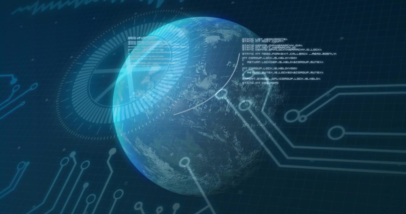 Globe rotating, radial HUD booting, connecting traces and streaming data for tech mapping
