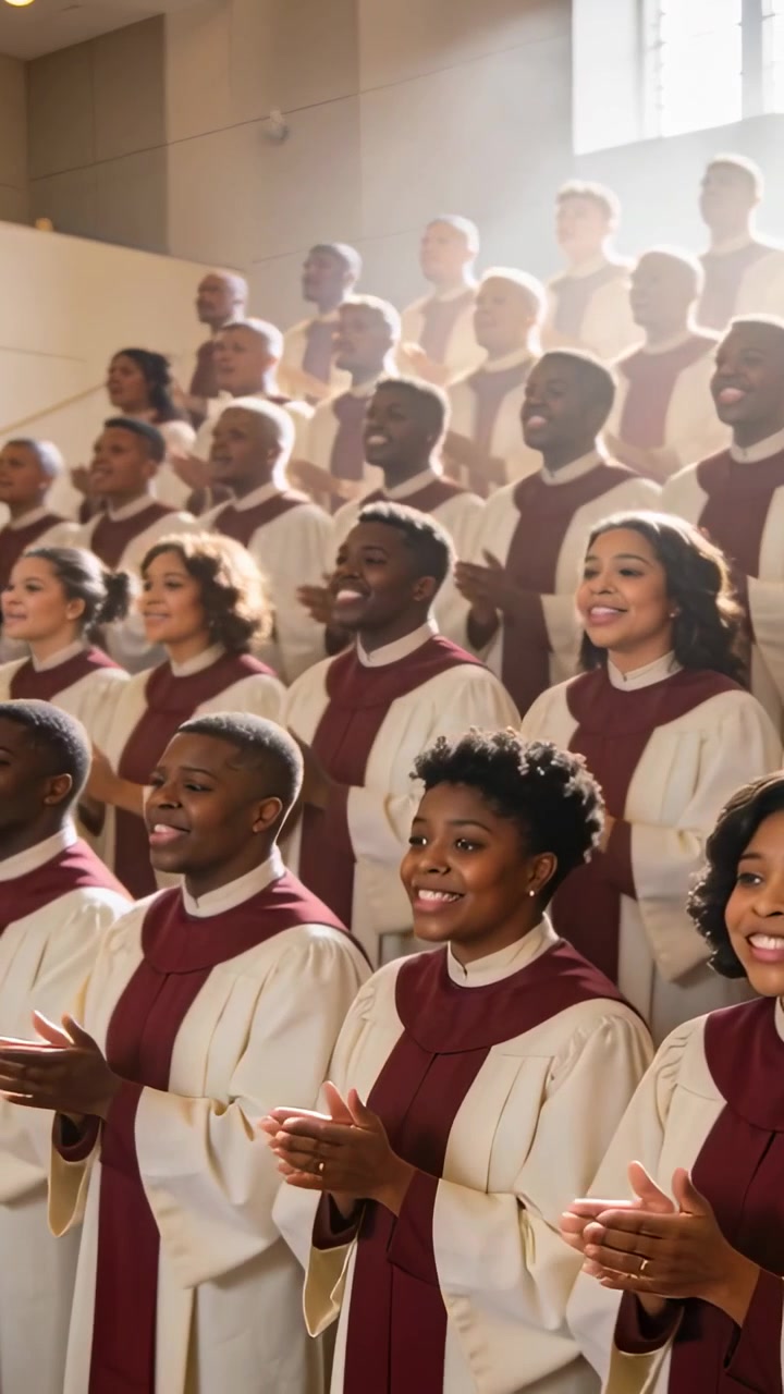 Vertical video: Singing on conductor cue, choir clapping on church risers maroon stoles lit window