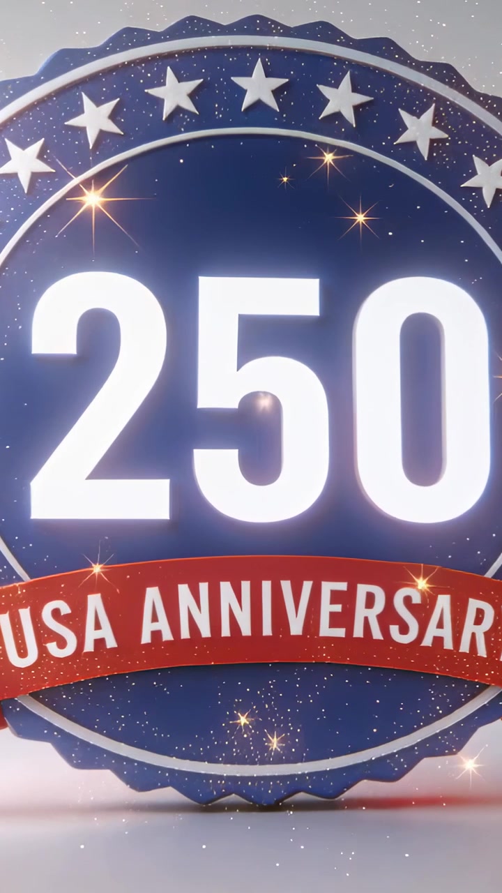 Video verticale: Badge blu animato che rilascia scintille, bagliore alla base che celebra il 250° anniversario degli USA