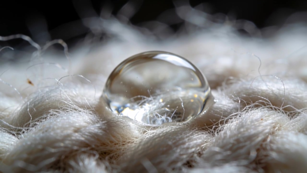 Gros plan macro d'une gouttelette claire se déposant et oscillant sur un tissu tricoté, le focus se déplace pour révéler les fibres.