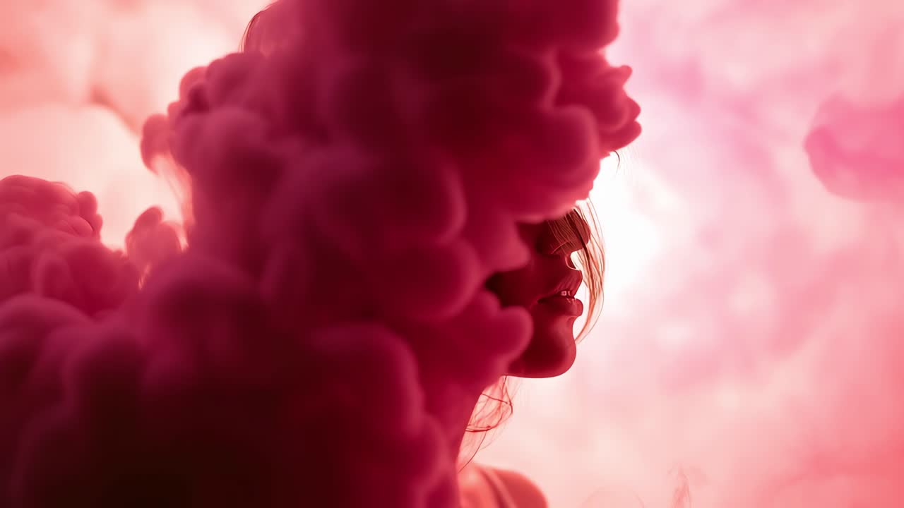 Pink smoke enveloping stylish woman during studio photoshoot, generating mysterious artistic visual effect with dramatic lighting and ethereal background