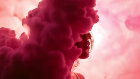 pink smoke enveloping stylish woman during studio photoshoot, generating mysterious artistic visual effect with dramatic lighting and ethereal background