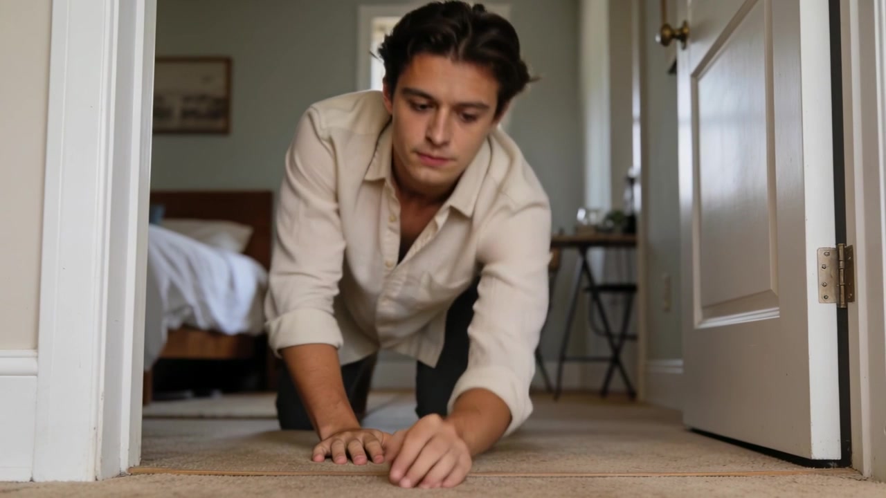 Uomo a piedi nudi con una camicia beige chiaro che si alza dal tappeto, entrando in camera da letto oltrepassando il letto.