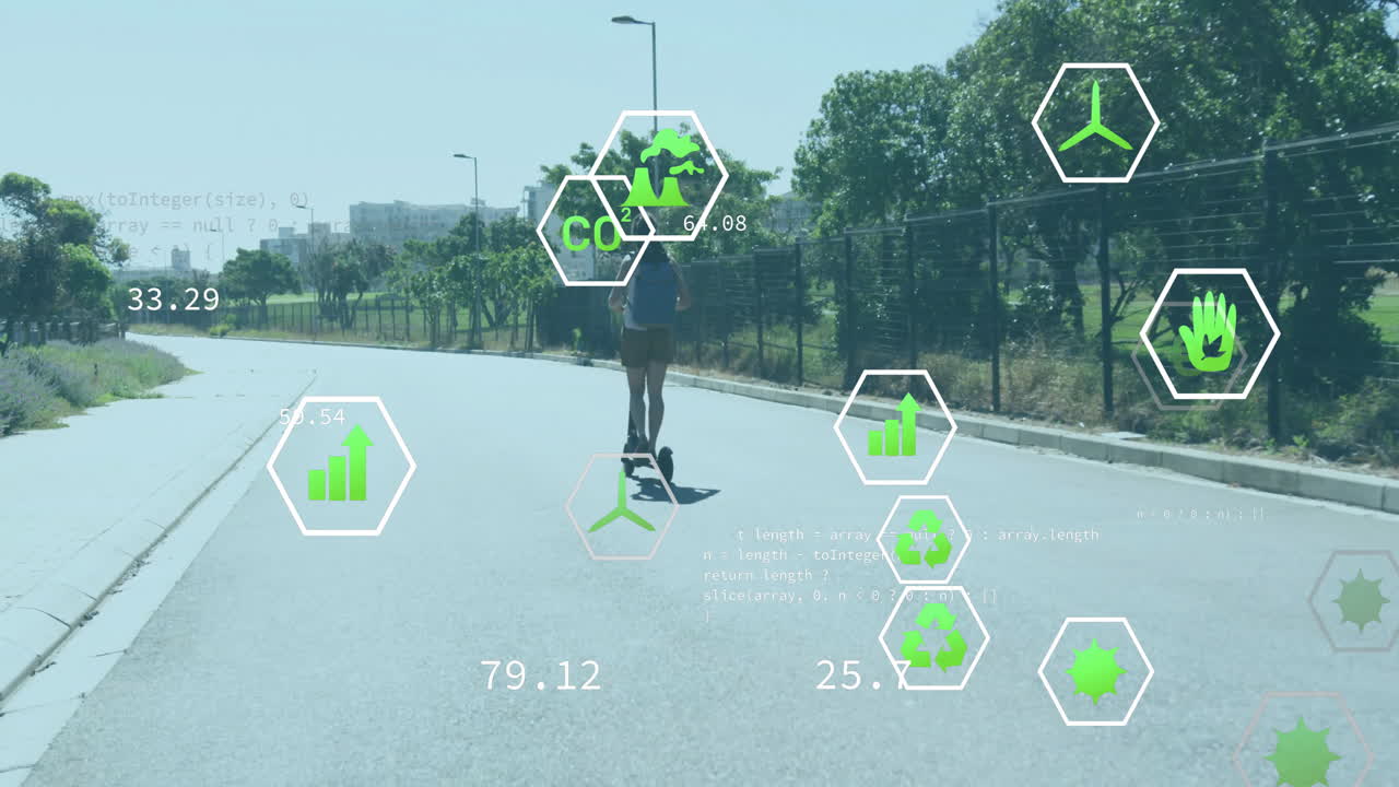 Riding electric scooter, person surrounded by environmental data and green icons animation