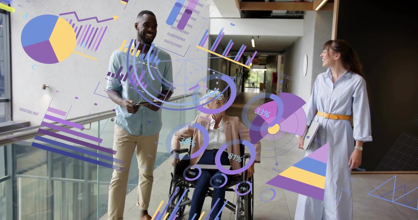 Team walking corridor swiping tablet and reviewing business data with animated charts swirling