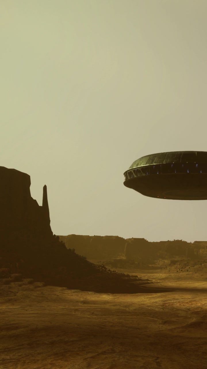 Ufo hovering above rocky landscape on a distant planet during sunset