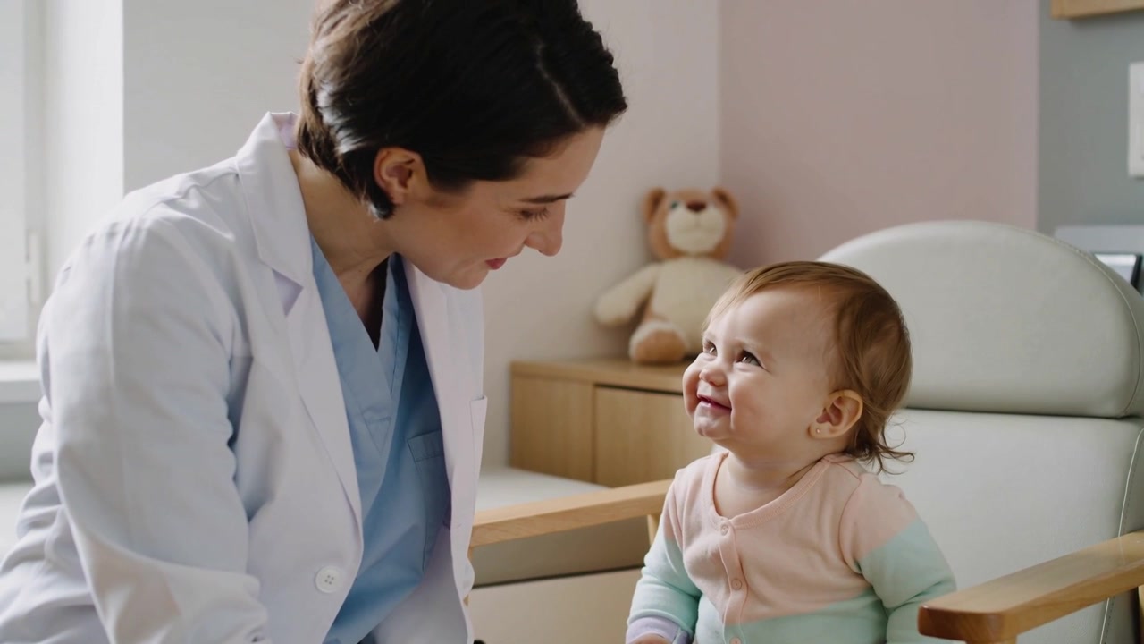 Clinica in camice che si china, emettendo suoni giocosi e facendo sorridere un neonato in clinica, con un orsetto di peluche.