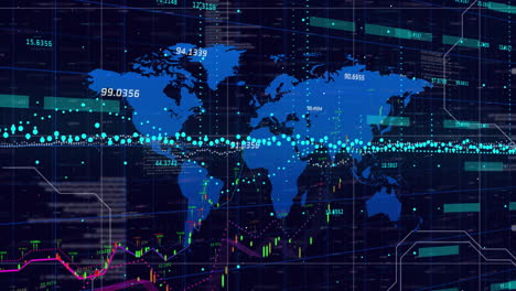 world map with financial data processing animation over stock market graphs