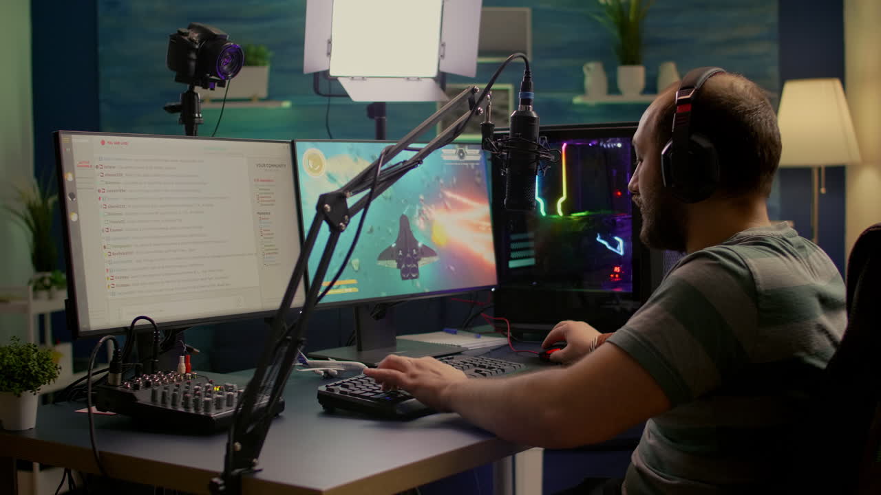 streamer man ganando la competencia en línea de disparos espaciales