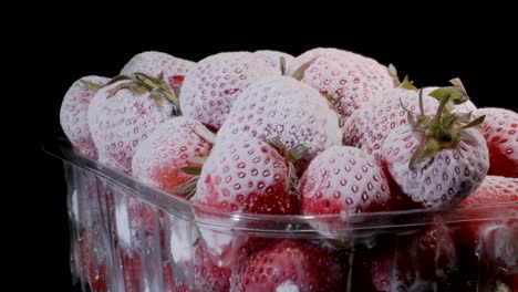 fresh frozen strawberries in disposable plastic food pack on black background. rotation 360 degrees, closeup