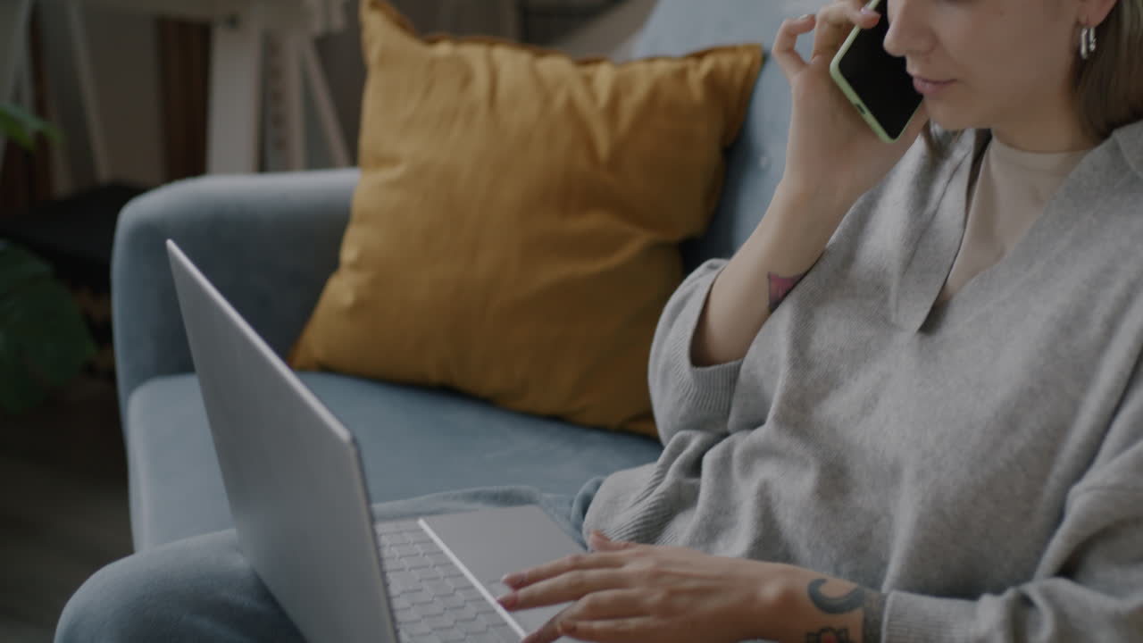 소파에서 집에서 일하는 여자