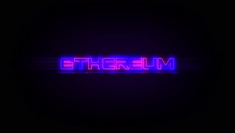 flashing ethereum text electric blue and pink neon sign flashing on and off with flicker, reflection, and anamorphic lights in 4k