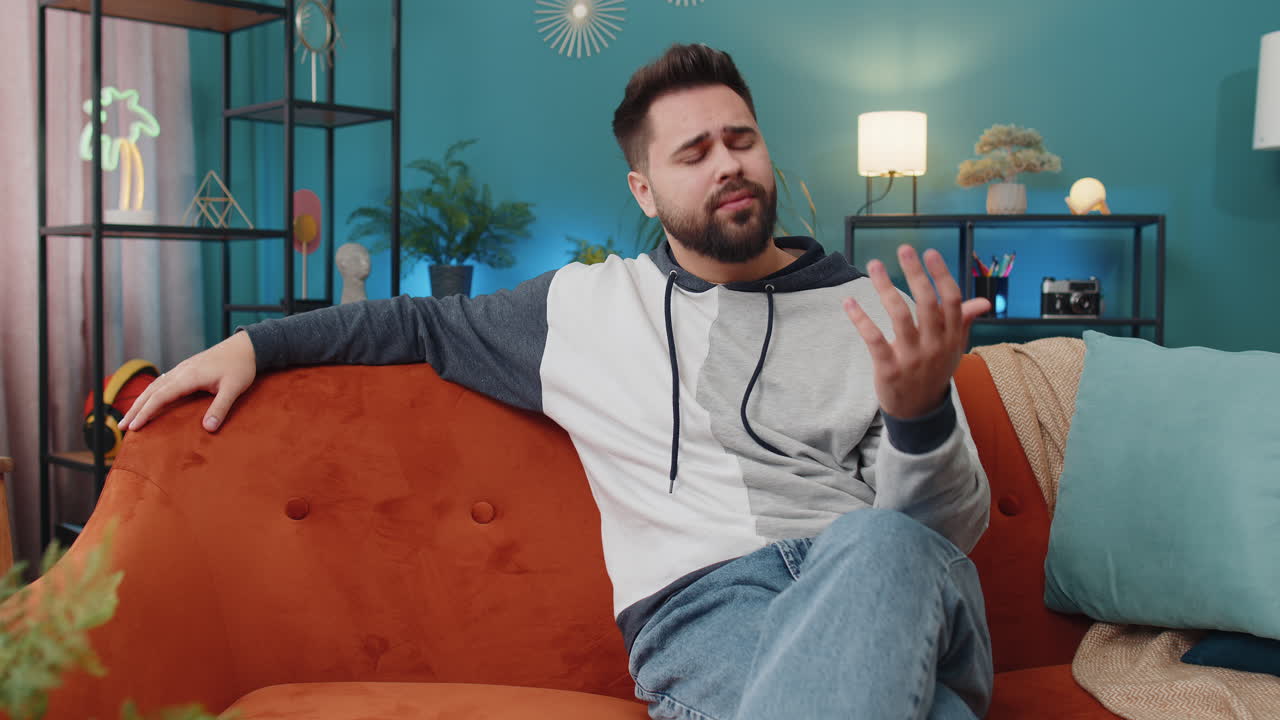 Man guy at home suffers from unfair situation problem break up depressed feeling bad burnout