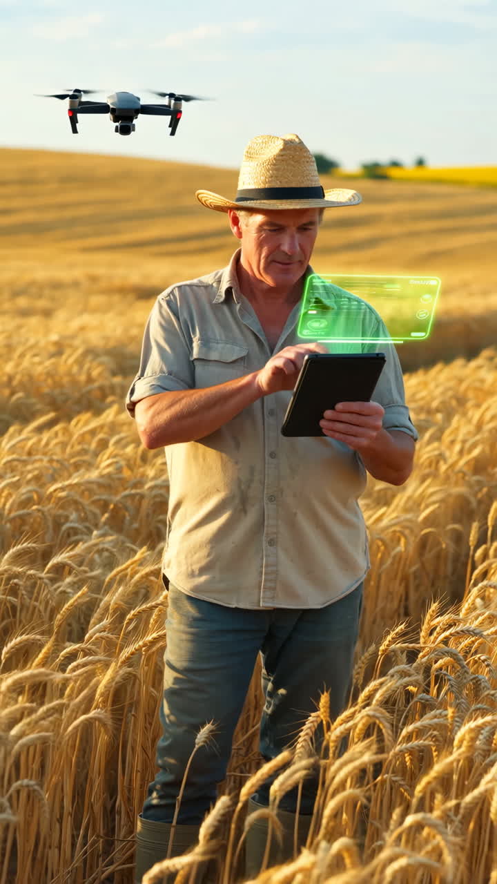 Farmer using a tablet to control a drone over a wheat field