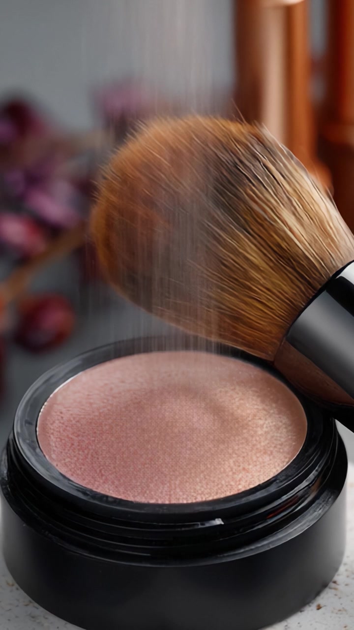 Luxurious makeup brush and highlighter powder close-up, showcasing beauty products in a stylish setting, ideal for enhancing facial radiance and glam.