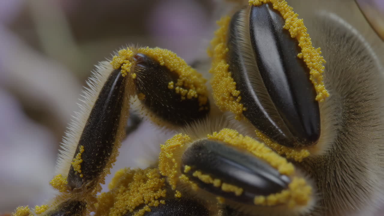 Macro shot of a bee's legs covered in pollen