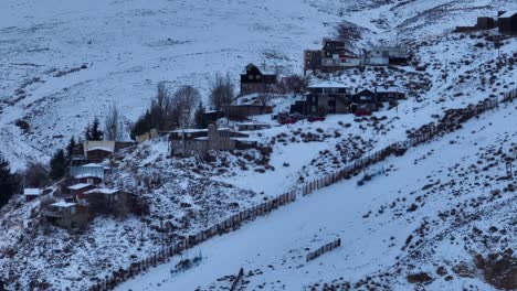 aerial establishing shot of houses built on the side of the andean mountains