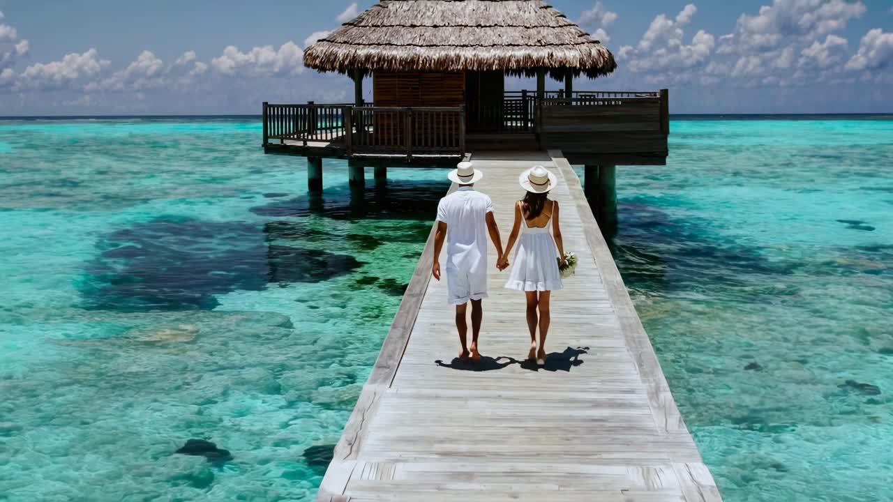 Video aéreo que muestra a una pareja caminando de la mano en un muelle de madera sobre aguas turquesas