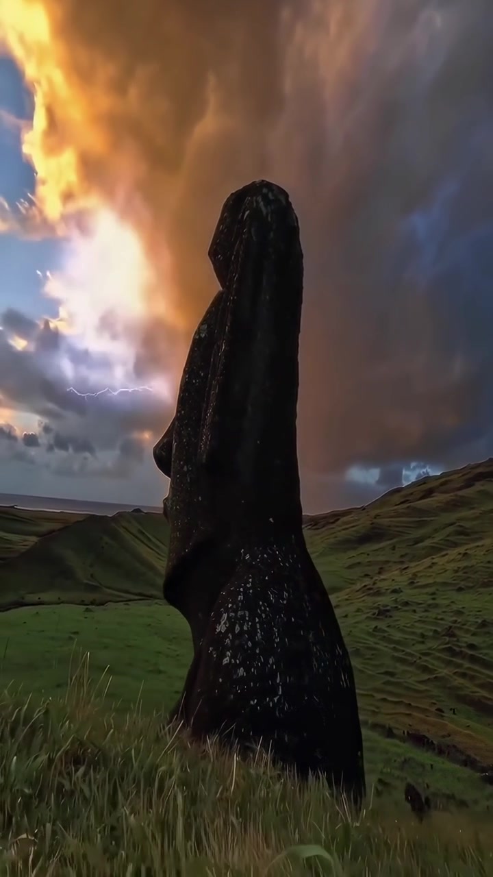 Statua Moai sull'Isola di Pasqua sotto un cielo tempestoso e drammatico
