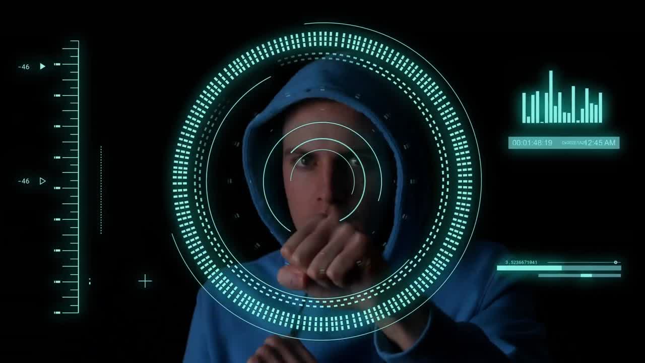 animación de escaneo de alcance y procesamiento de datos sobre boxeador caucásico masculino.