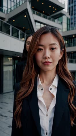 confident professional businesswoman standing confidently in front of sleek modern office building, representing corporate success and leadership in urban business environment