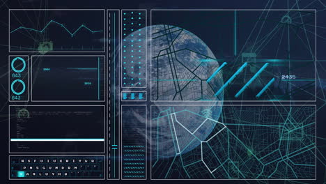 animación del procesamiento de datos y diagramas sobre iconos de medios y globo