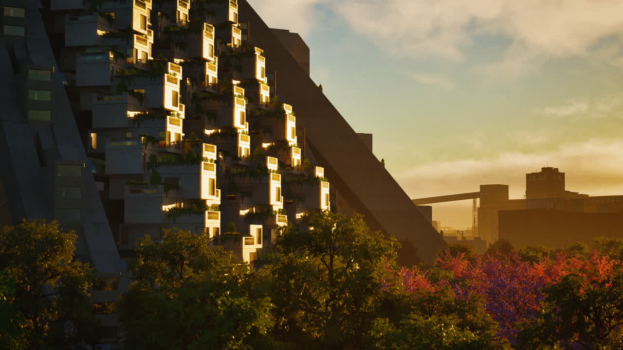 Stunning architectural design of modern building at sunset in urban setting