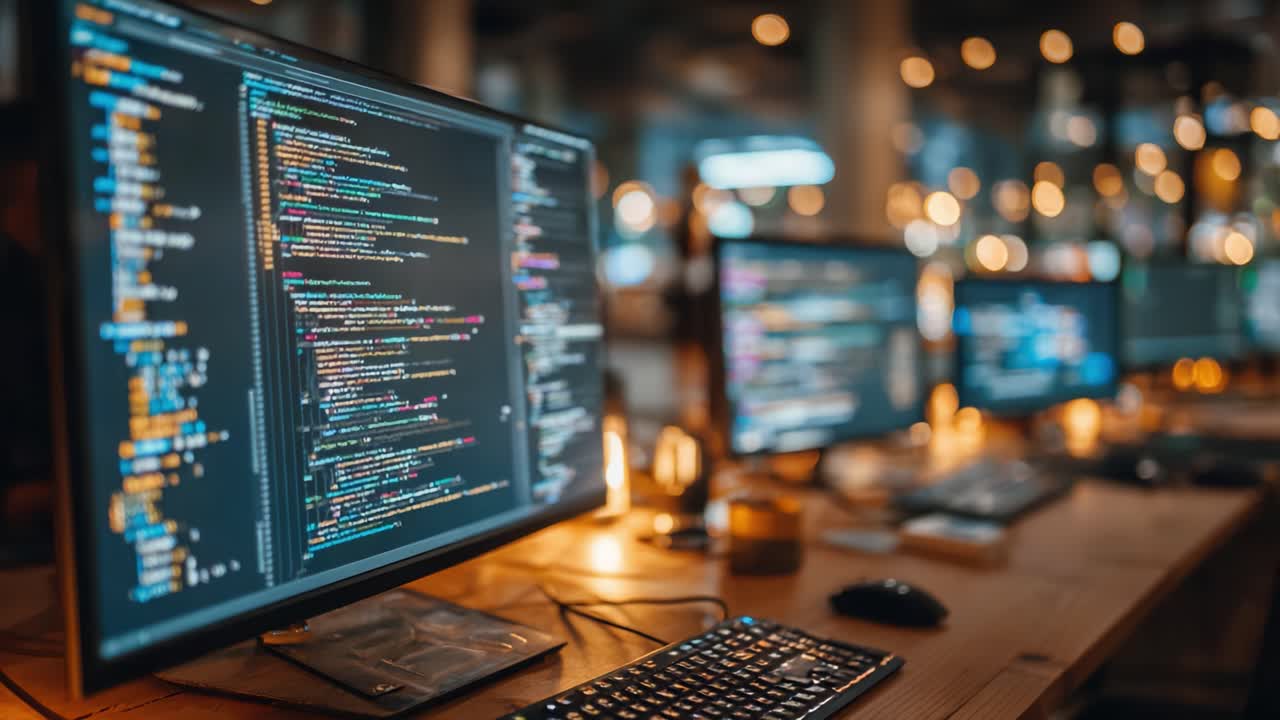 A Glimpse into the World of Coding: Screens Displaying Colorful Code on Monitors in a Modern, Tech-Friendly Workspace with Soft Lighting
